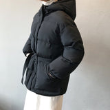 PENERAN 2022  Women's Jacket Streetwear Casual Padded Winter Warm Coat Femme Black Parkas with Sashes Hooded Korean Style Women Clothing