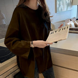 Peneran Women Long Sleeve T-Shirts Solid Side-Slit Stylish Korean Style Elegant Temperament Simple Loose Leisure Female Designed Tshirts