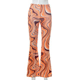 Peneran Retro Straight Flare Long Pants Women Y2K Brown Abstract Printed High Waist Trousers Fashion Casual Vintage Street Outfits