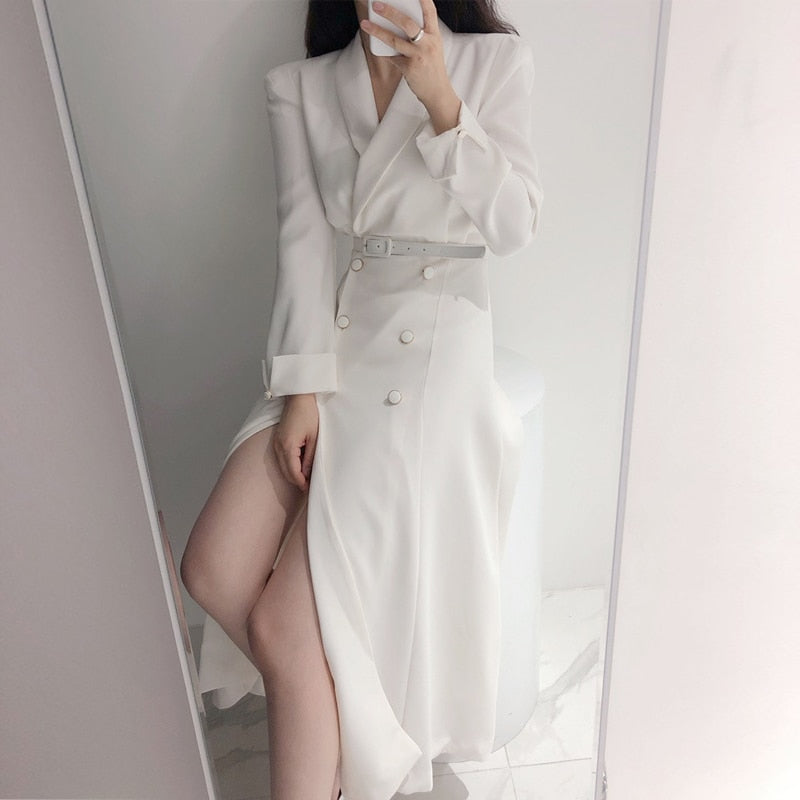 PENERAN Elegant Office Worker Woman Trench Coat 2022 Autumn Double-Breasted Large Turn Down Neck Korean Coat With Belt