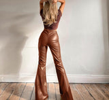 Christmas Gift Faux Leather PU Mid Waist Flare Pants Women Long Trousers Club Casual Sexy 2021 Autumn Female New Zipper Splitted Pants