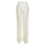 PENERAN High Quality Chic Tassel Knitted Women Y2K Straight Pants Patchwork Hollow Ripped Trend Middle Waist Casual Trousers Streetwear