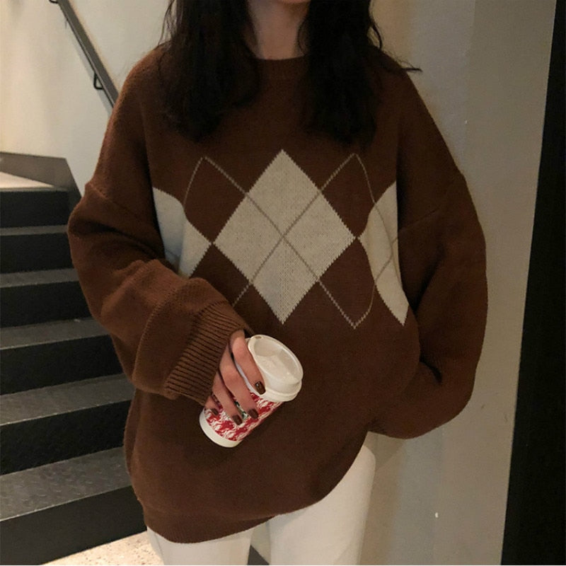 Women Argyle Knitted Sweater Autumn Winter O-Neck Oversized Pullovers Korean Preppy Style Loose Jumper Female Casual Sweaters