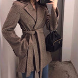 Vintage Lace Up Wool Coat Woman Autumn Winter 2021 Loose Thicken Blends Jacket Female Korean Cropped Brown Coat Women