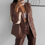 PENERAN 2023 Vintage PU Leather Brown Coat Women Casual Single Breasted Blazer Autumn Winter Loose Cardigan Outerwear Harajuku Street