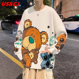 PENERAN Cartoon Bear Printing Sweater Men2022 Autumn Fashion Trend Retro O Neck Jumper Loose Leisure Pullover Harajuku Hip-Hop Style Top