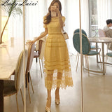 Peneran Summer Korean Yellow Dress Women Short Sleeve Hollow Out Hook Flower Solid Lace Dress Women Elegant Long Dress