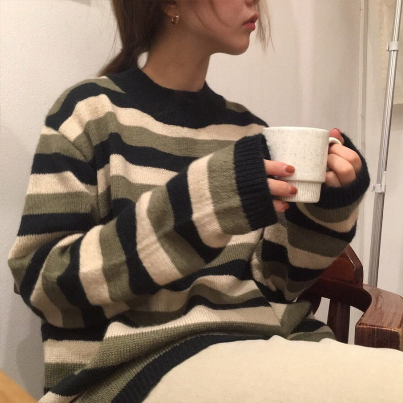Graduation Gifts 2 colors 2022 autumn and winter korean chic style o neck stripe sweaters womens pullovers womens (B0901)