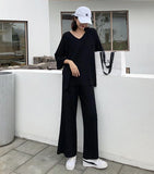 Christmas Gift Knitting Female Sweater Pantsuit For Women Two Piece Set Pullover V-Neck Long Sleeve Bandage Top Wide Leg Pants  Suit