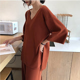 Christmas Gift Knitting Female Sweater Pantsuit For Women Two Piece Set Pullover V-Neck Long Sleeve Bandage Top Wide Leg Pants  Suit