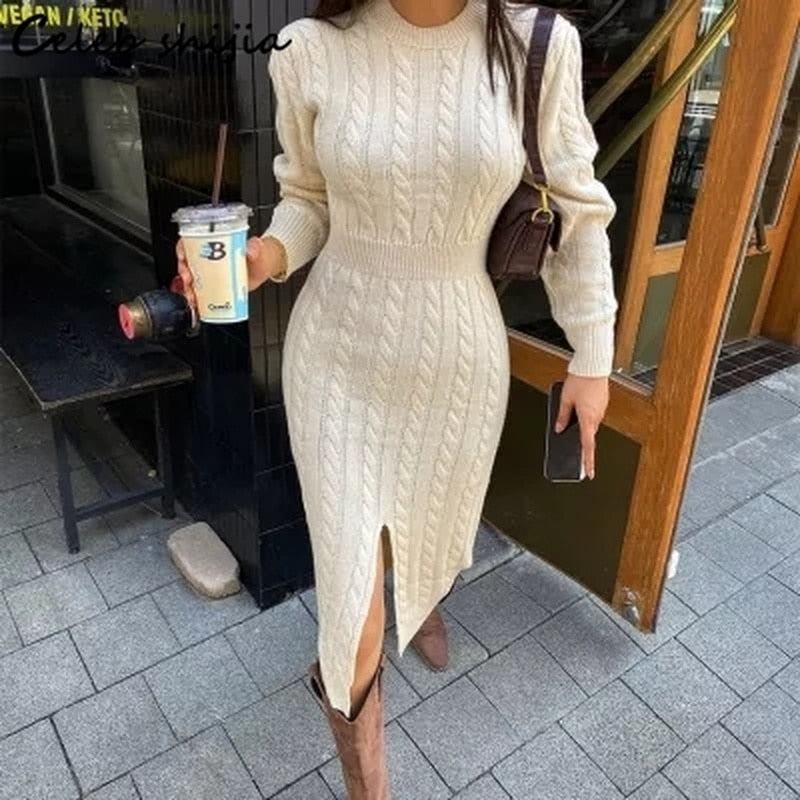 New Apricot Sweater Dress Bodycon Woman Fall 2021 Long-sleeve Slim Waist Knitted Vestido Korean Fashion Striped Elegant Knitwear