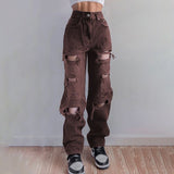 Peneran Brown Ripped Vintage Woman's Distressed Jeans Streetwear Hole Hip Hop High Waist Pants Fashion Straight Denim Trousers Ladies