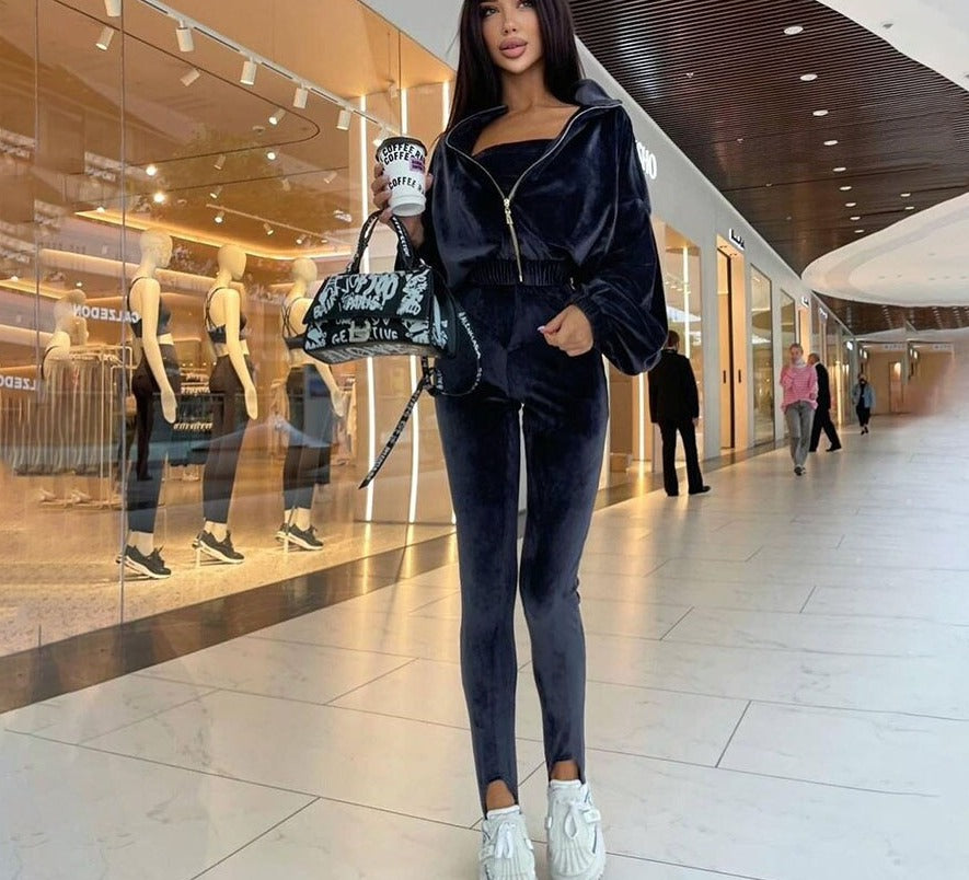 Christmas Gift Fashion Flannel Two-Piece Sets Pure Color Zipper Jacket + Pencil Pants For Women Going Out Casual Sport Outfits Clubwear
