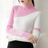 PENERAN Women Sweater Fashion Half Turtleneck Patchwork Autumn Long Sleeve Knitted Jumper Causal Chic Slim Korean Ladies Top