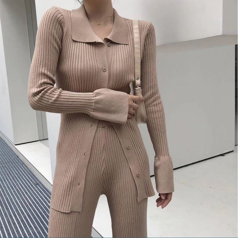 Christmas Gift Elegant Knitted Two Piece Set Women Ribbed Zipper Flare Sleeve Shirts Tops And Elastic Waist Flare Pants Suit Slim Female Outfit