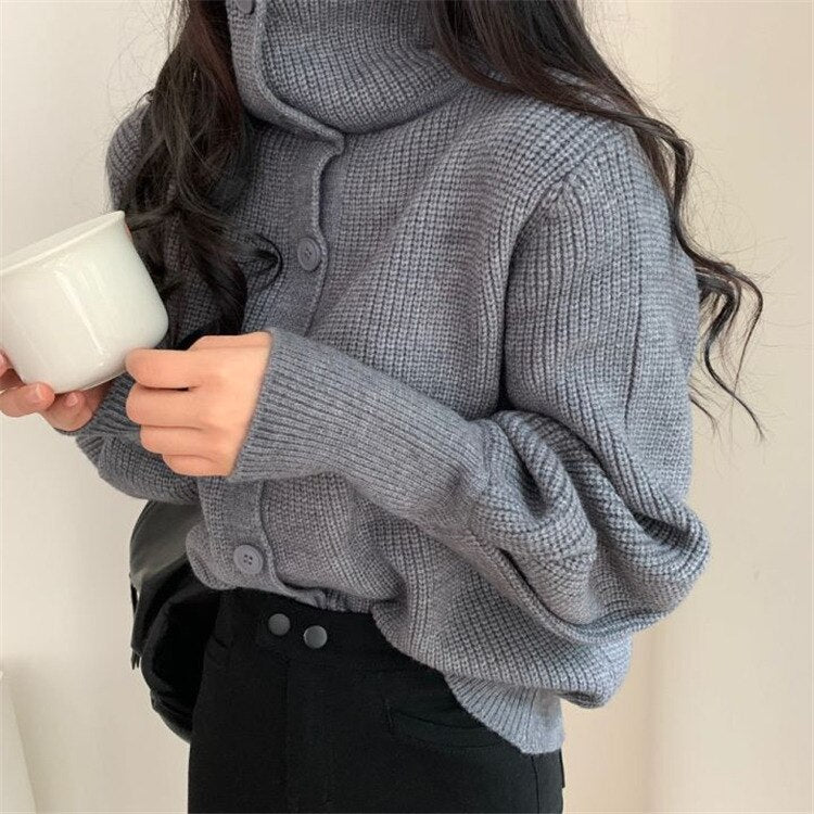 New 2022 Women's Sweaters Winter Spring Turtleneck Fashionable Buttons Oversize Short Cardigans Knitwear SWC1253JX