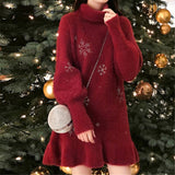 Christmas Turtleneck Knitted Dress Women Winter Thick Snowflake Print Ruffled Plus Size New Year Dress Female