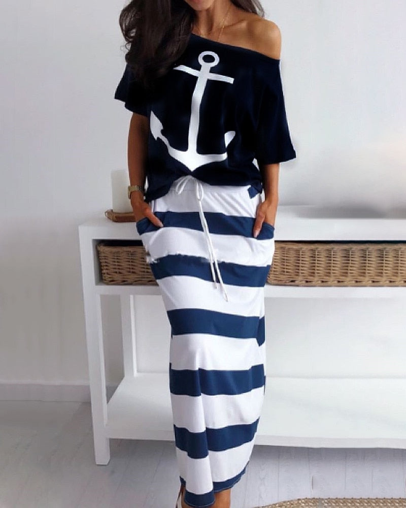 Peneran Women Two Piece Sets Dress Boat Anchor Print Sexy Off Shoulder Shirts Striped Dress Sets Ankle-Length Dress Summer Casual Outfit