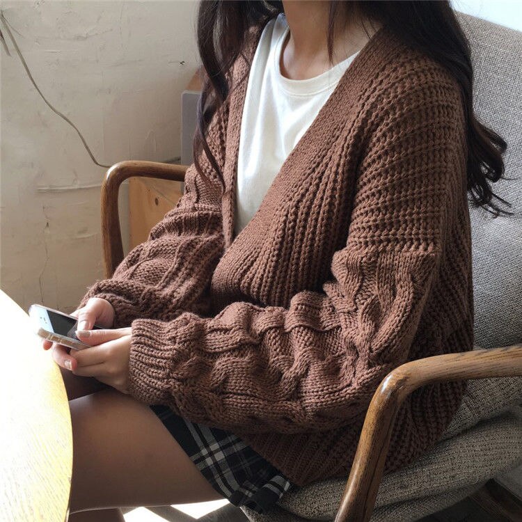 Christmas Gift Pure Color Casual Loose All-match Long-sleeved Twist Knit Sweater Keep Warm Cardigan Jacket Women Autumn Winter 2021 Korean Top