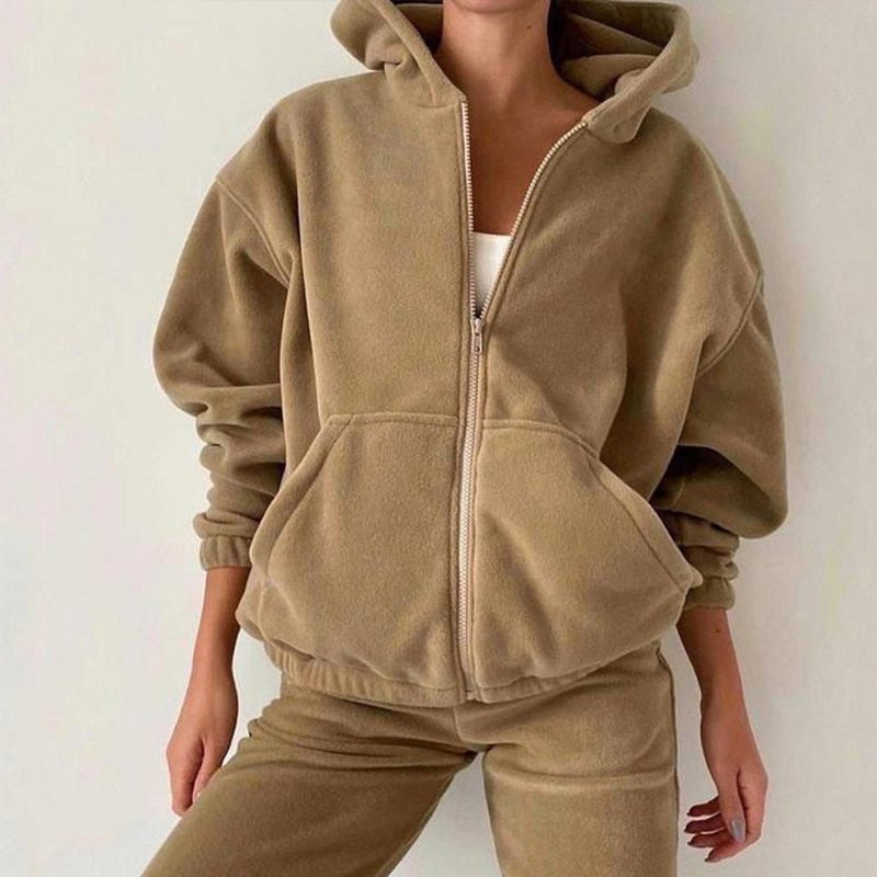 Christmas Gift Casual Women Fleece Hoodie Two Piece Sets Hooded Zipper Outerwear And Harem Pant Suit Autumn Winter Fashion Streetwear Tracksuit