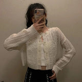 Thanksgiving Day Gifts Cardigans Women Solid Retro Pearls Hollow Out Sweet Princess Chic Kawaii All-Match Elegant Korean Style Crop Tops Fairy Sweater