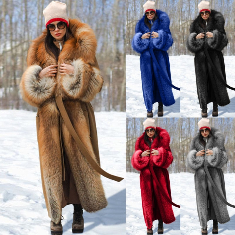 Winter Women Elegant Plus Size Faux Fur Coat Long Slim Thicken Warm Hairy Jacket Fashion Ladies Trendy Warm Outerwear