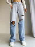 Christmas Gift  Ripped Loose High Waist Jeans Trousers For Women Baggy Straight Pants Denim Pocket Wide Leg Hole Casual Harajuku