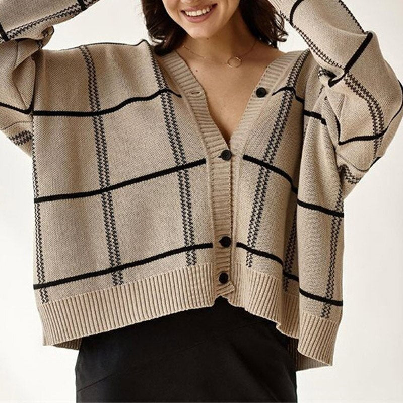 Christmas Gift Plaid Knitted Women's V-neck Sweater Cardigan 2021 Autumn Dropped Sleeve Oversize Long Sleeve Knitwear Ladies Office Cardigans