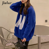Peneran Fashion Letter Blue Knitted Sweaters Women Winter New Kpop Style Loose Outer Wear Sweater Female Leisure O-Neck Pullovers