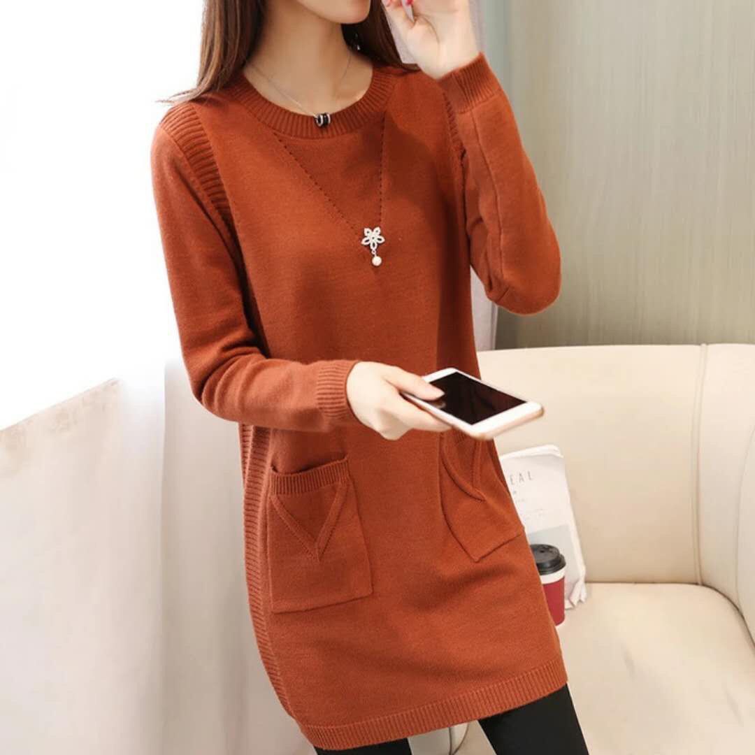 PENERAN Sping Winter Women Black Sweaters Casual Solid O-Neck Long Sleeve Knit Sweaters Loose Pockets Mid Length Pullover Female Tops