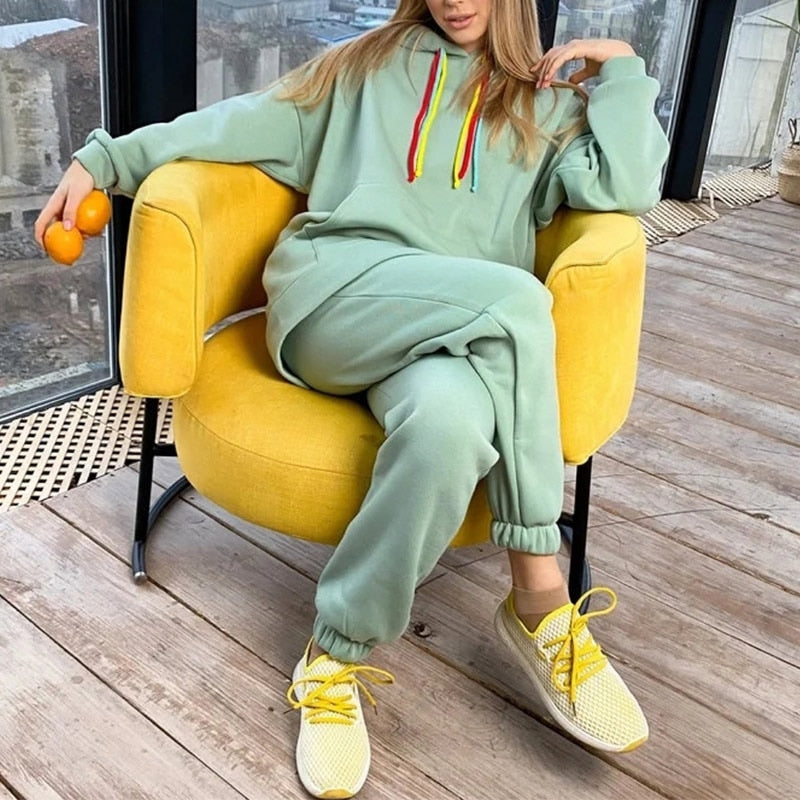 Christmas Gift Casual Women Hoodie Two Piece Set Drawstring Pullover Top And High Waist Harem Pant Suit 2021 Autumn Winter Streetwear Tracksuit