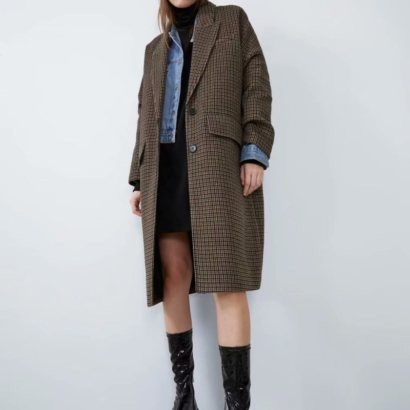 Christmas Gift  Vintage Woman long Plaid Coat 2021 Fashion Ladies Autumn Casual Single Breasted Outwear Female Warm Jackets
