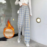 Christmas Gift Checkered Pants Plaid Pants Women 2021 Autumn and Winter Wide-leg Pants High-waist Straight-leg Student Casual Trousers Thick