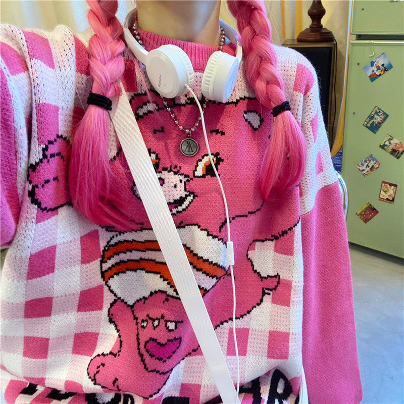 Vintage Harajuku Women Knitted Sweater Kawaii Cartoon Bear Print Lazy Street Pink Blue Plus Size Casual Pullover Winter Sweater