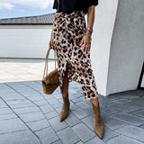 PENERAN Leopard Print Women Front Knot Skirt High Waist Split Slim Office Skirt Autumn Ladies Midi Long Skirts Faldas