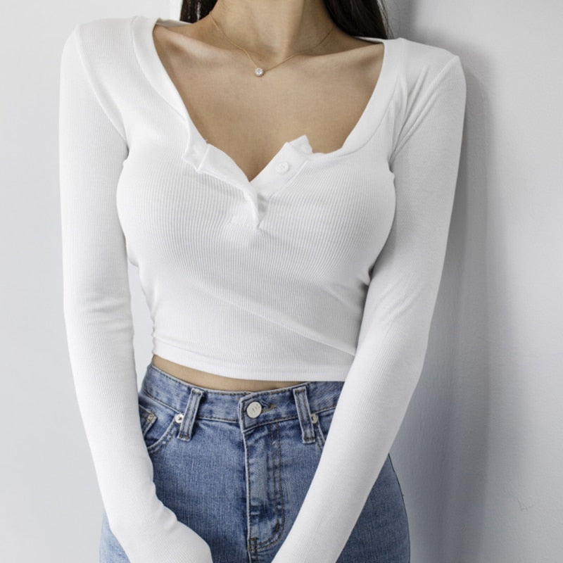Screw Thread Crop Top T Shirt Women 2021 Fall Clothes Long Sleeve Casual Tshirt Korean Style Slim Female Button Tee Shirt Femme