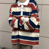 Retro ins stripe hit color wild loose polo collar pullover sweatshirt women loose Harajuku street Korean style top autumn