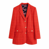 Peneran Tweed Two Pieces Set Women Red Vintage V Neck Long Sleeve Office Lady Slim Blazer Coat Female Hight Waist Skirt Suit
