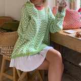 Knitted Pullover Sweater Women Casual O Neck Loose Sweater Winter Y2K Top Fashion Green Striped Sweaters Oversized Outwear