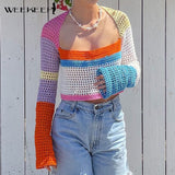 Christmas Gift Chic Hollow Out Sweater Top Women Long Sleeve Cute Colorful Patchwork Cropped Tops Summer Casual Streetwear Korean Style