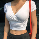 Peneran Summer Sexy Women Slim Crop Top Tees T Shirt Low Cut Short Sleeve Solid Female Teenage Girls Femmes T-Shirt Cross Wrap