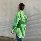 Green Blouse Female Casual Turn-down Collar Long Sleeve Single-Breasted Women Clothing Basic Asymmetric Hem Chic Shirt Top 2022
