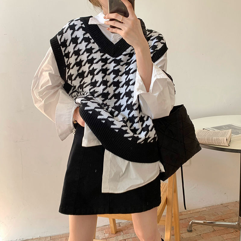 Christmas Gift Women Sweater Vest Autumn Houndstooth Plaid V-Neck Sleeveless Knitted Vintage Loose Oversized Female Pullover Waistcoat Tops