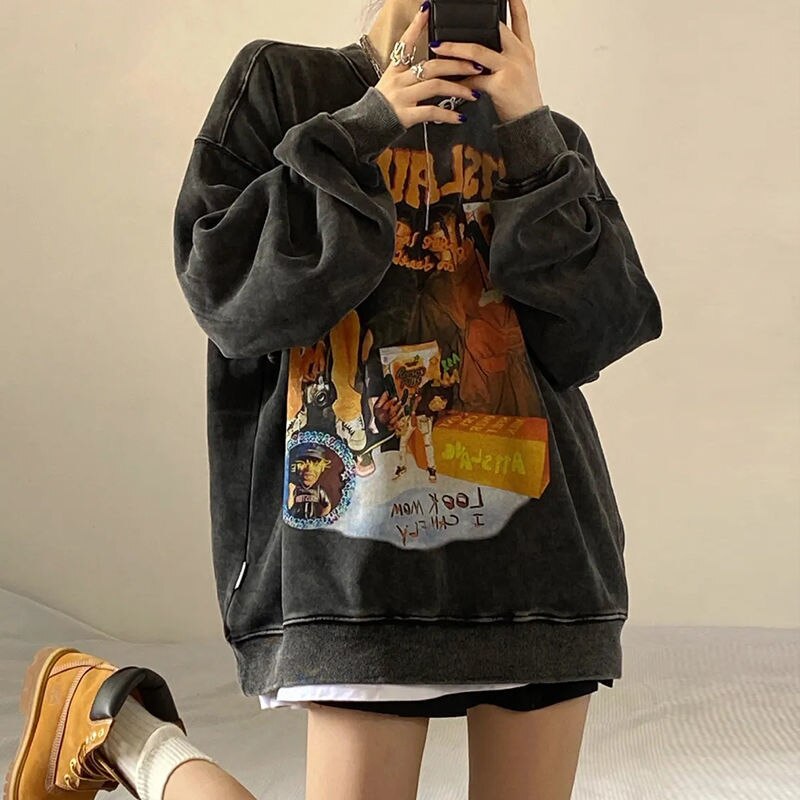Peneran Vintage Grunge Hoodies Women Y2k Harajuku Sweatshirt O-neck Oversized Hip Hop Pullover Female Velvet Streetwear Korean