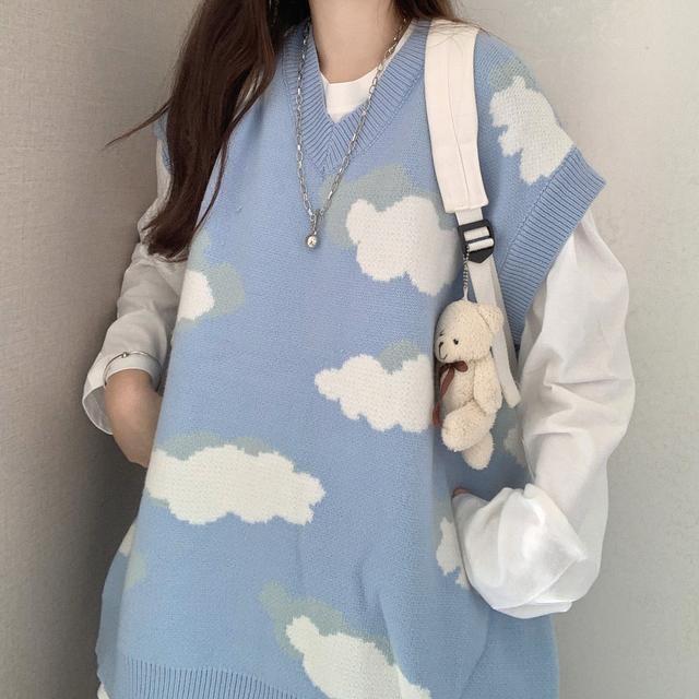 Christmas Gift Blue Sweaters Women Harajuku Lovely Cloud Chic Preppy Simple Vest Oversize Soft Loose Autumn Spring Teens Knitwear Pullover
