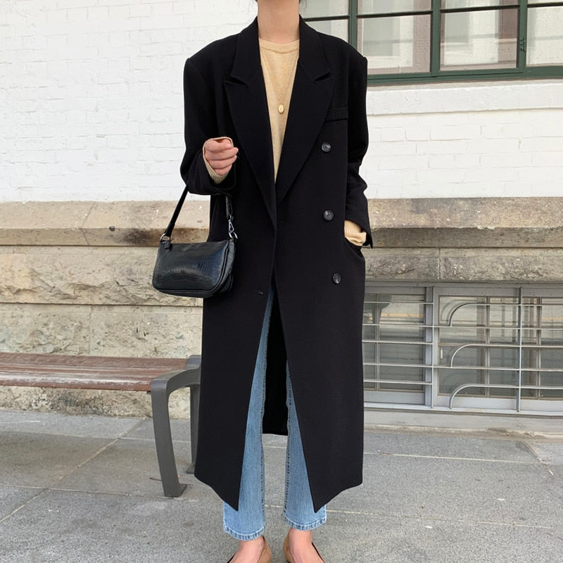 Peneran Korean Chic Apricot Long Coat Woman Winter Autumn 2023 Elegant Loose Trench Coat for Women Double Breasted Streetwear Jacket