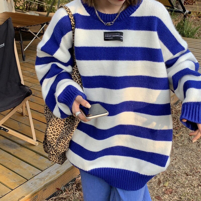 Christmas Gift Women Sweater Stripe Autumn Winter Korean Loose Pullover Tops Harajuku Casual Warm Knit Sweater Street Jumper Female clothes