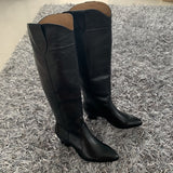 Peneran Western boots black Leather knee high boots for women pointed toe winter long boots women chunky heels cowboy knight boots