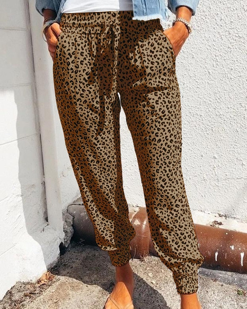 PENERAN Women Leopard Printed Trousers Loose Lace-Up Waist Long Pants With Pockets For Daily Summer Spring Fall Pencil Pant Streetwear