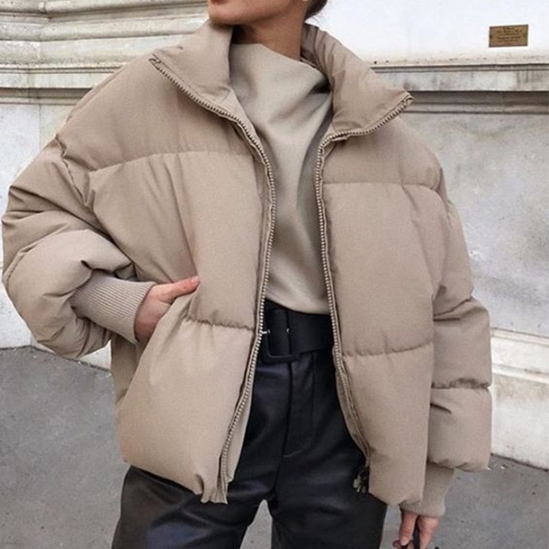 Peneran Fashion Stand Collar Parkas Women Thick Warm Winter Bubble Coats Female Khaki Jackets Pockets Zipper Simple Overcoats